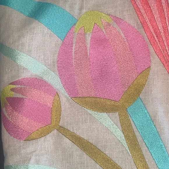 IZA Pearl Design “Garden Party” floral embroidered linen pillow-16”x16”-NWT
